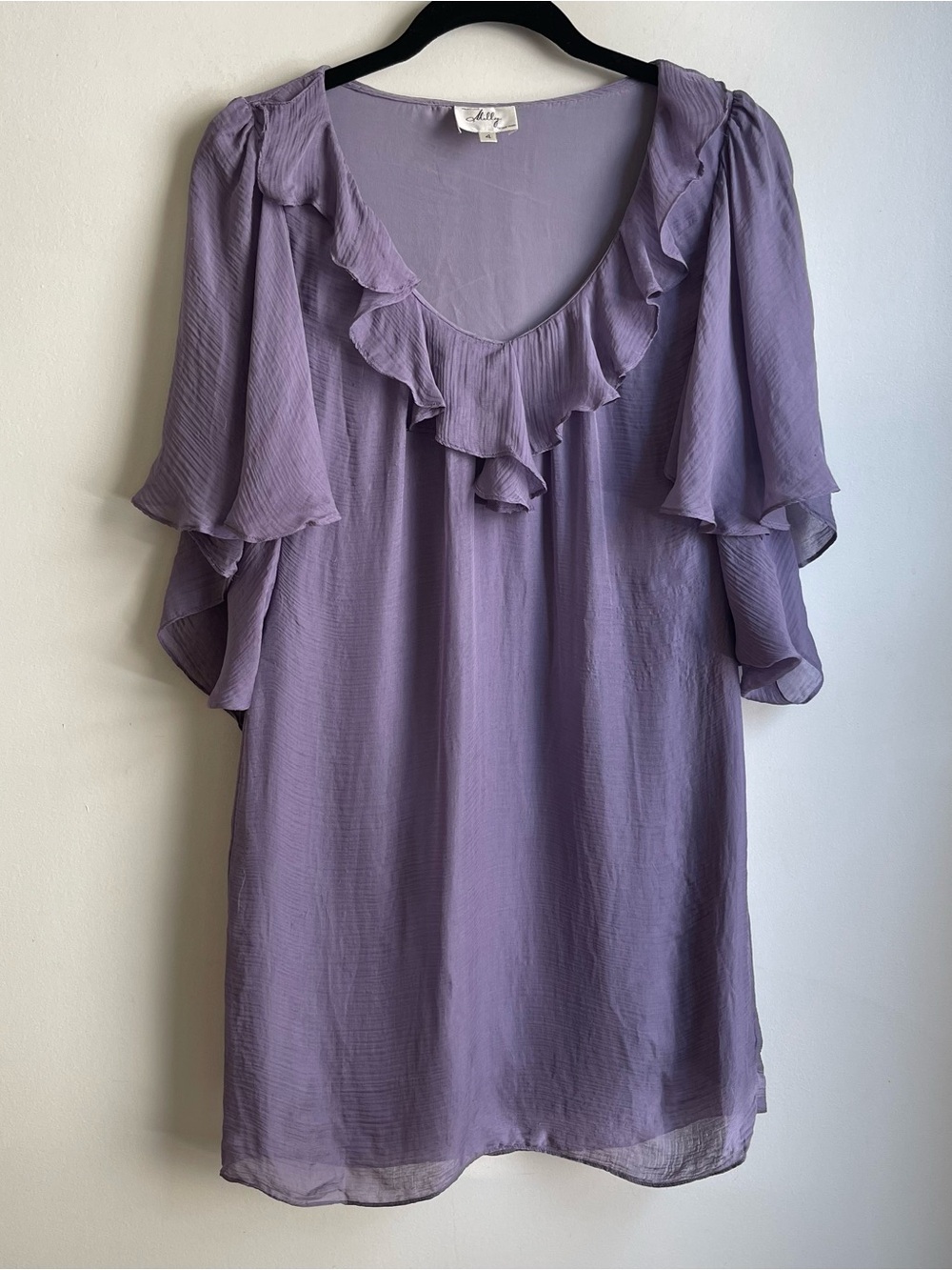 Milly of New York Y2K Lilac Silk Tunic Blouse Flutter Purple Chiffon Sheer 4